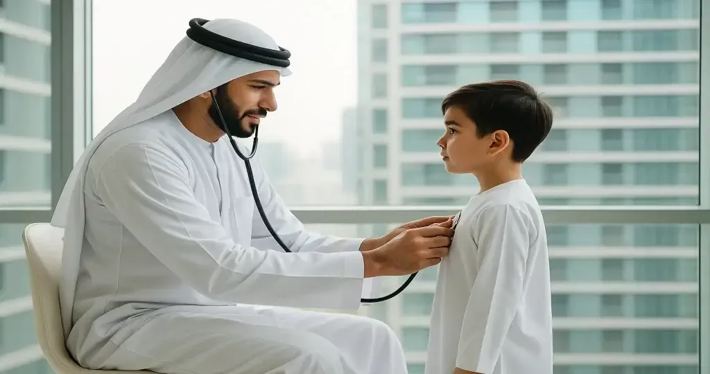 Emirati doctor examining child patient - pediatric healthcare in UAE