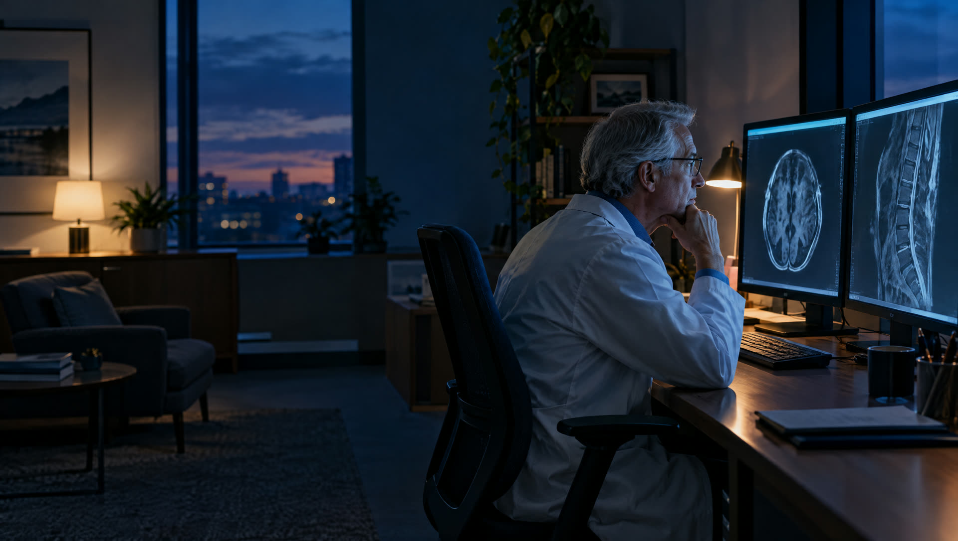 A senior physician reviewing medical imaging