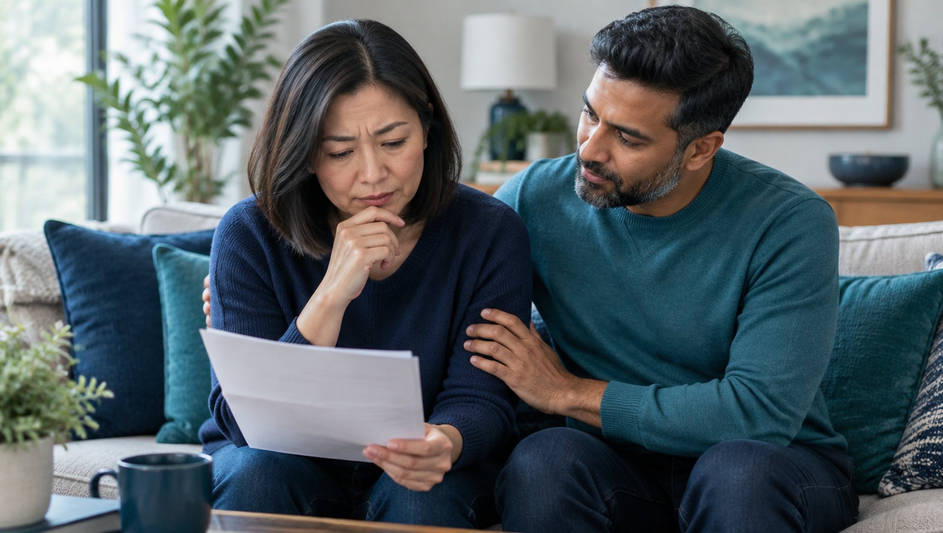 A couple at home reading through medical results together
