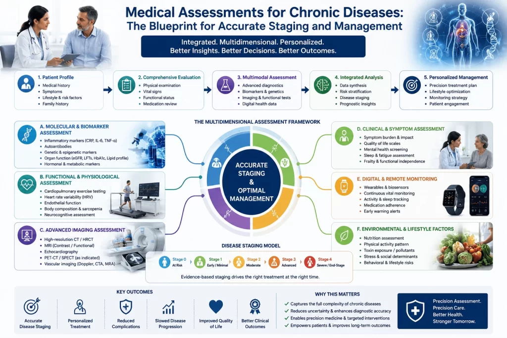 Medical infographic illustrating comprehensive assessments for chronic diseases using a multidimensional precision medicine framework. The visual integrates patient profiling, biomarker analysis, functional testing, advanced imaging, digital monitoring, lifestyle evaluation, and personalized management strategies to achieve accurate disease staging and optimized long-term care.