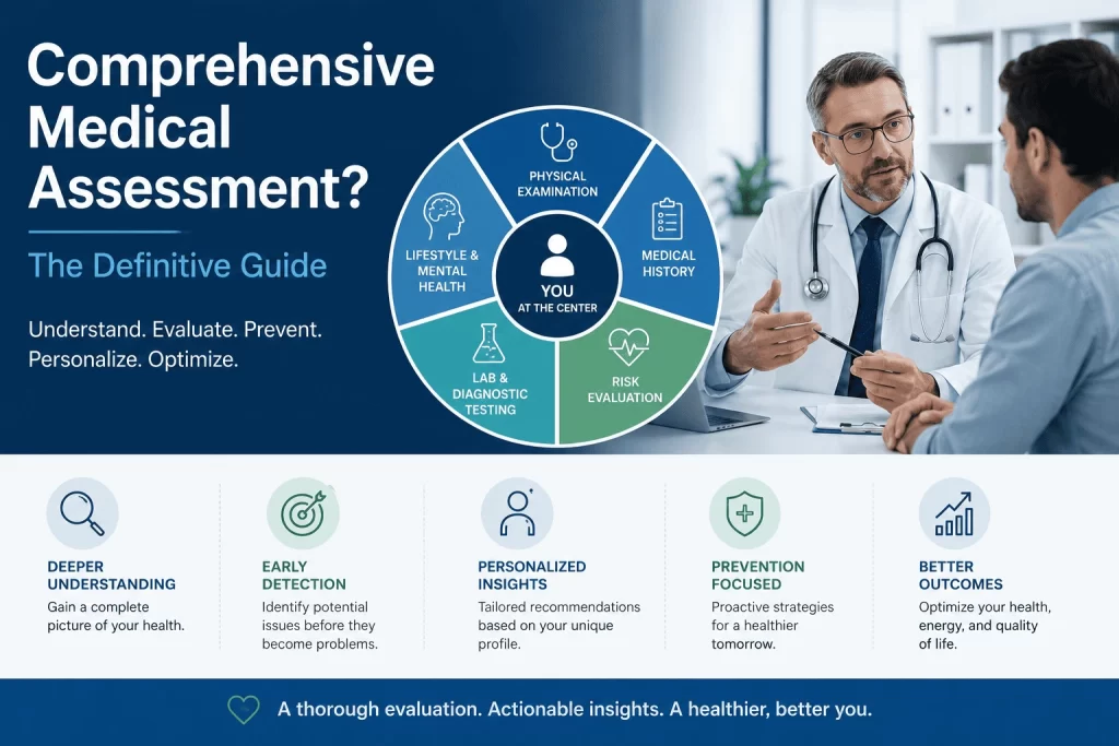 Doctor conducting a comprehensive medical assessment with a patient, illustrating physical examination, medical history review, laboratory testing, risk evaluation, lifestyle assessment, and personalized preventive healthcare planning.