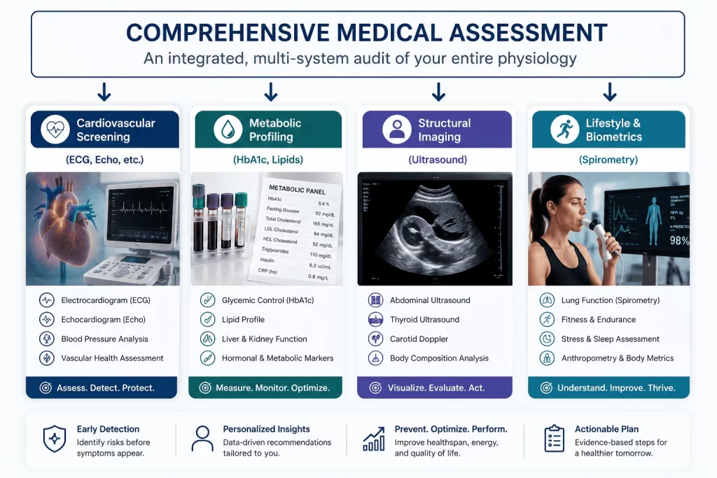 Medical infographic illustrating a comprehensive medical assessment as an integrated multi-system evaluation of human physiology. The visual includes cardiovascular screening with ECG and echocardiography, metabolic profiling using HbA1c and lipid testing, structural imaging with ultrasound examinations, and lifestyle biometrics including spirometry, fitness assessment, and sleep evaluation. The clinical design emphasizes preventive medicine, early detection, personalized insights, and evidence-based healthcare.