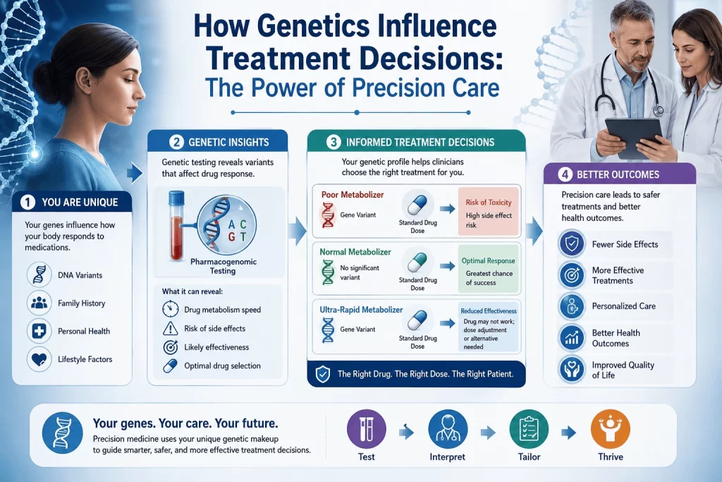 Healthcare infographic demonstrating how genetics influence treatment decisions through precision medicine. The visual follows a patient journey from genetic testing and DNA analysis to personalized treatment selection and improved health outcomes. The infographic includes DNA strands, blood samples, healthcare professionals reviewing genetic data, pharmacogenomic testing results, and treatment pathways showing poor, normal, and ultra-rapid drug metabolizers. The final section highlights benefits such as fewer side effects, more effective therapies, personalized care, and better quality of life.
