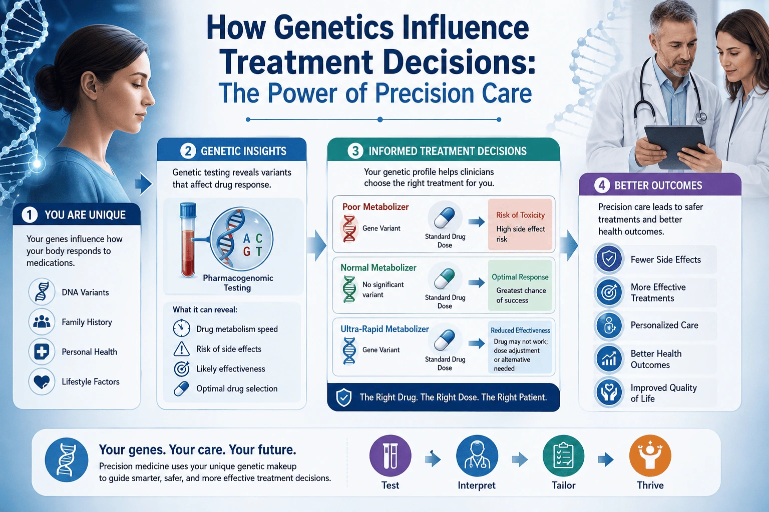 Healthcare infographic demonstrating how genetics influence treatment decisions through precision medicine. The visual follows a patient journey from genetic testing and DNA analysis to personalized treatment selection and improved health outcomes. The infographic includes DNA strands, blood samples, healthcare professionals reviewing genetic data, pharmacogenomic testing results, and treatment pathways showing poor, normal, and ultra-rapid drug metabolizers. The final section highlights benefits such as fewer side effects, more effective therapies, personalized care, and better quality of life.