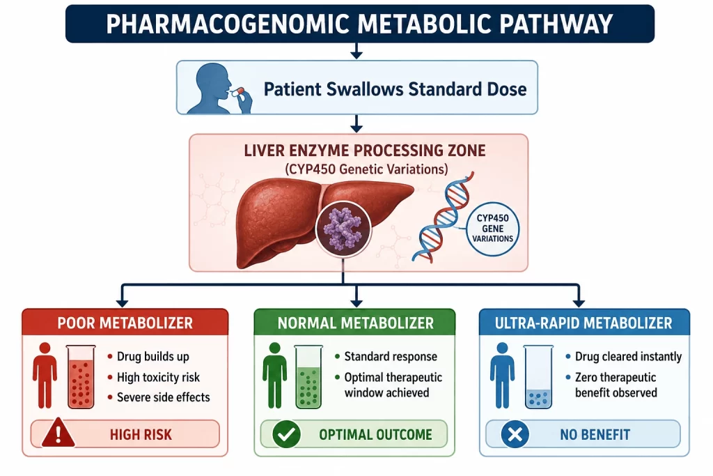 Medical infographic illustrating a pharmacogenomic metabolic pathway. A patient swallows a standard medication dose, which is processed in the liver through CYP450 enzyme pathways influenced by genetic variations. The diagram compares three patient responses: poor metabolizer with drug accumulation, toxicity risk, and severe side effects; normal metabolizer with optimal therapeutic response; and ultra-rapid metabolizer with rapid drug clearance and reduced treatment effectiveness. The visual includes a liver, DNA strand, medication icons, and color-coded outcome panels.