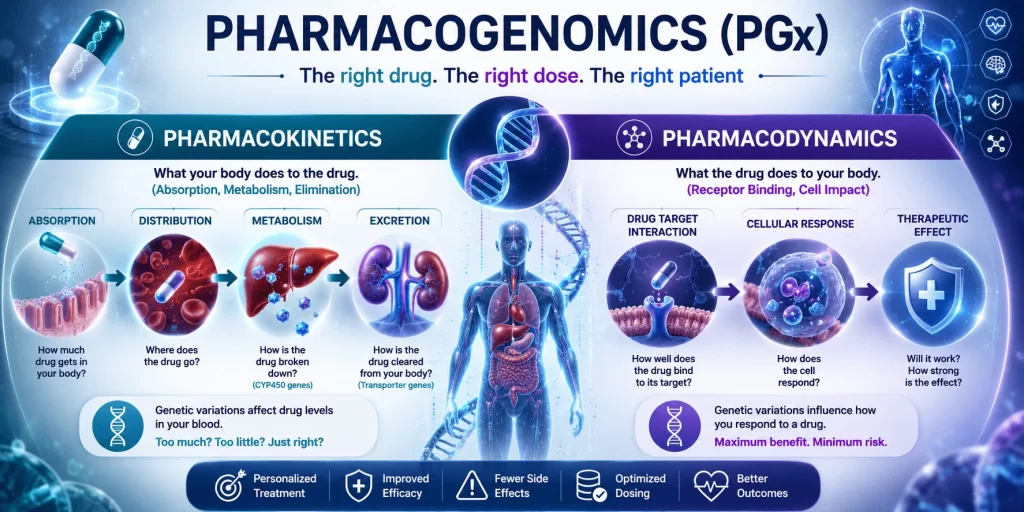 Medical infographic illustrating pharmacogenomics (PGx) and its two core domains: pharmacokinetics and pharmacodynamics. The visual explains how genetic variations influence drug absorption, metabolism, and elimination, as well as receptor binding and cellular responses that determine therapeutic efficacy and side effects.