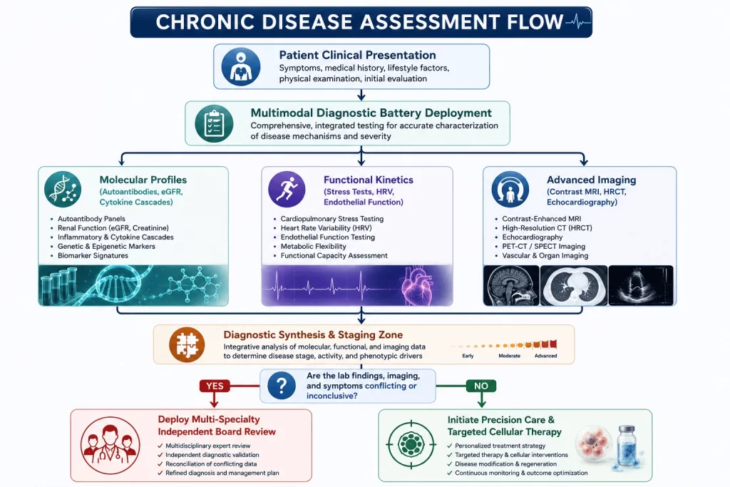 Medical infographic illustrating a chronic disease assessment workflow in precision medicine. The clinical pathway begins with patient presentation and multimodal diagnostics, including molecular profiling, functional testing, and advanced imaging, leading to diagnostic synthesis, multi-specialty review, and targeted cellular therapy decisions.