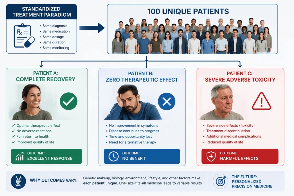 Medical infographic demonstrating how a standardized treatment approach can produce different outcomes among 100 unique patients. The image illustrates three representative scenarios: Patient A achieves complete recovery, Patient B experiences no therapeutic benefit, and Patient C develops severe adverse toxicity, highlighting the need for precision medicine and personalized healthcare.