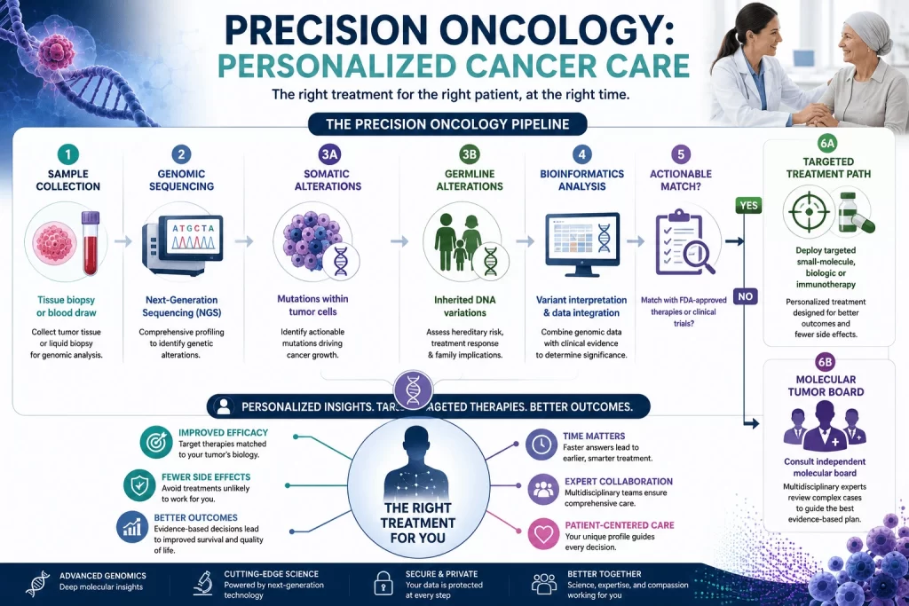 Medical infographic illustrating precision oncology and personalized cancer care, showing a patient-centered cancer treatment pathway that includes tissue biopsy, liquid biopsy, next-generation sequencing (NGS), genomic profiling, somatic and germline mutation analysis, bioinformatics interpretation, targeted therapies, molecular tumor board review, and individualized treatment planning to improve cancer outcomes.