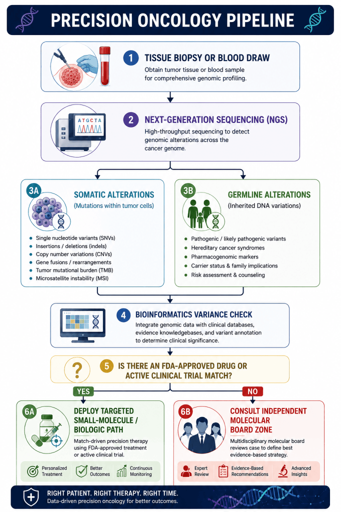 Medical infographic illustrating a precision oncology pipeline where tissue biopsy or blood samples undergo next-generation sequencing (NGS) to identify somatic and germline genetic alterations. Bioinformatics analysis evaluates genomic variants and determines eligibility for FDA-approved targeted therapies, biologic treatments, clinical trials, or independent molecular tumor board review for personalized cancer care.