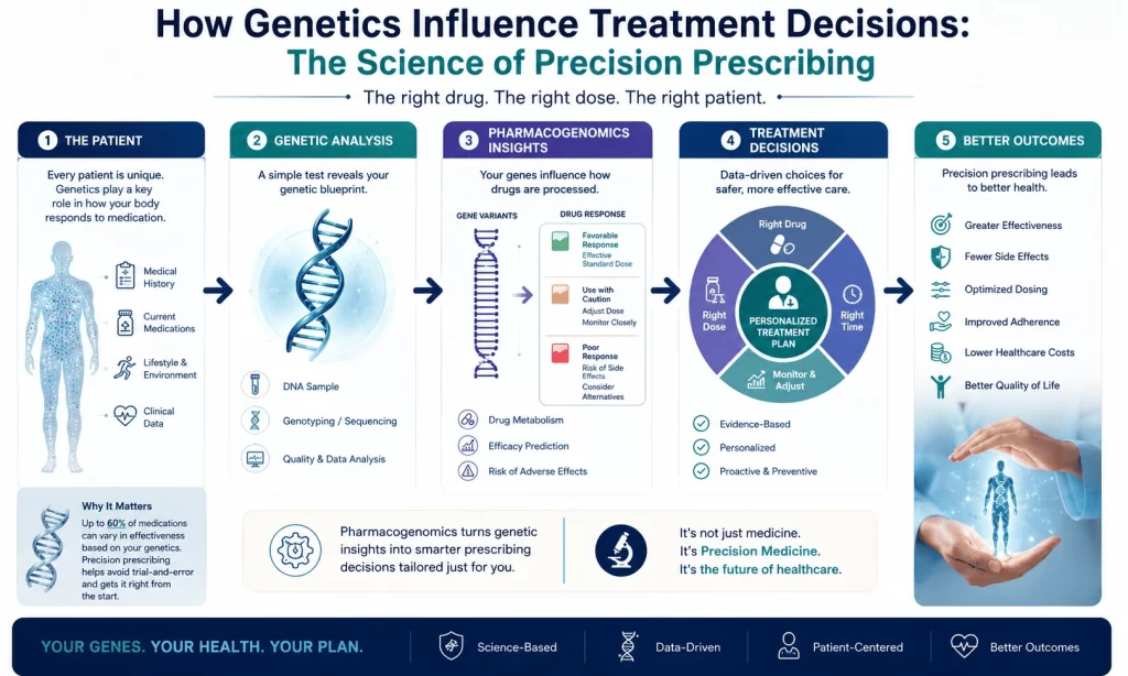 Medical infographic illustrating how genetics influence treatment decisions through precision prescribing. The visual shows a patient pathway from clinical assessment and genetic testing to pharmacogenomic analysis, personalized treatment selection, and improved health outcomes based on individual genetic profiles.