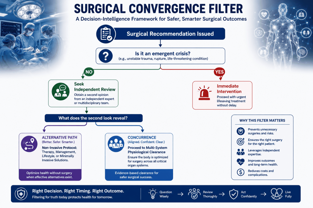 Medical infographic illustrating a surgical convergence filter for clinical decision-making. The workflow begins with a surgical recommendation and determines whether the situation is an emergent crisis. Non-emergency cases proceed to independent expert review, leading either to non-invasive treatment alternatives or multi-system physiological clearance before surgery.