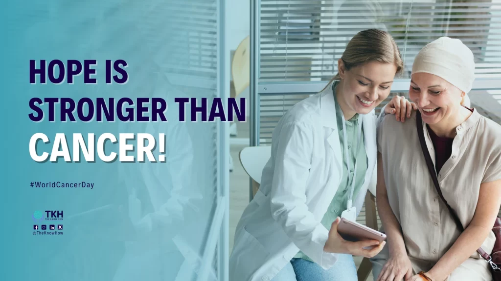 A cancer survivor holding a ribbon with a hopeful smile, symbolizing hope against cancer on World Cancer Day