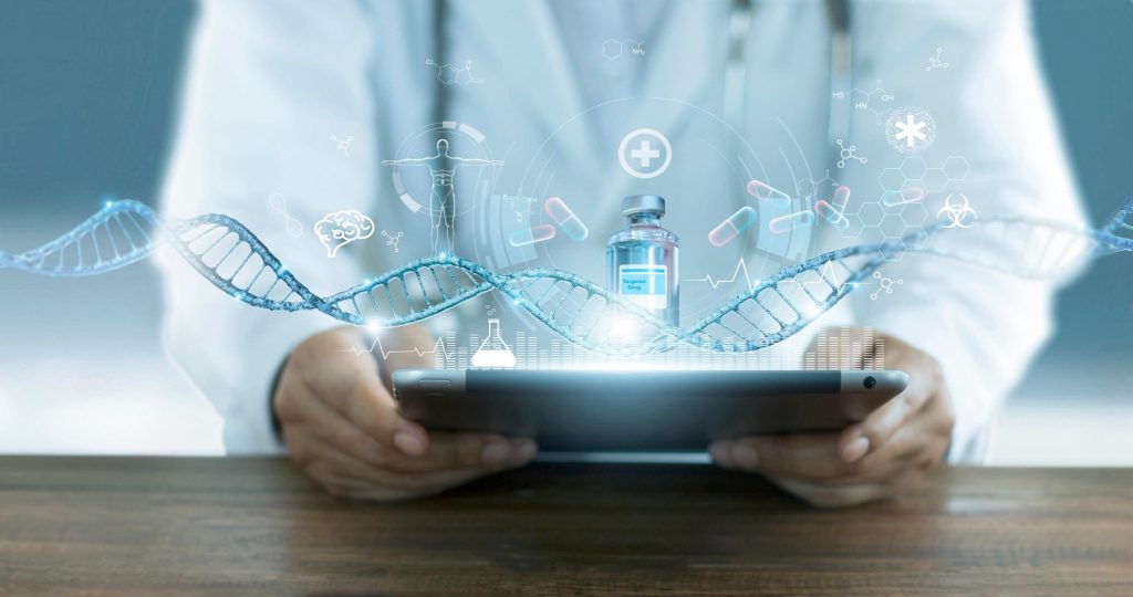 Doctor using digital tablet with DNA strand and medical research icons - biotechnology and healthcare innovation