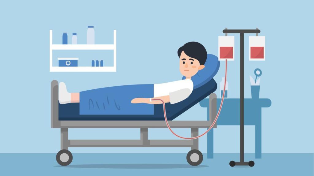 Hospitalized patient receiving IV drip treatment in medical bed - inpatient care and treatment