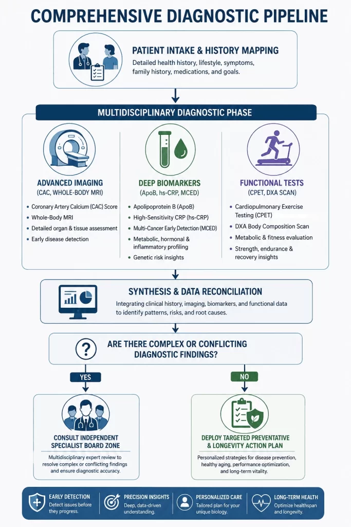 Flowchart illustrating a comprehensive diagnostic pipeline for advanced medical assessment, starting with patient intake and history mapping, followed by multidisciplinary diagnostics including advanced imaging, biomarker analysis, functional testing, data reconciliation, specialist review, and personalized preventive healthcare planning.