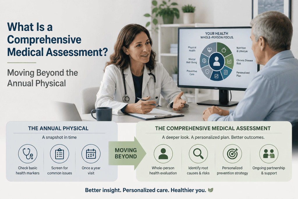 Doctor discussing a comprehensive medical assessment with an adult patient, illustrating the difference between an annual physical examination and a whole-person health evaluation that includes preventive care, chronic disease risk assessment, mental well-being, lifestyle factors, and personalized healthcare planning.