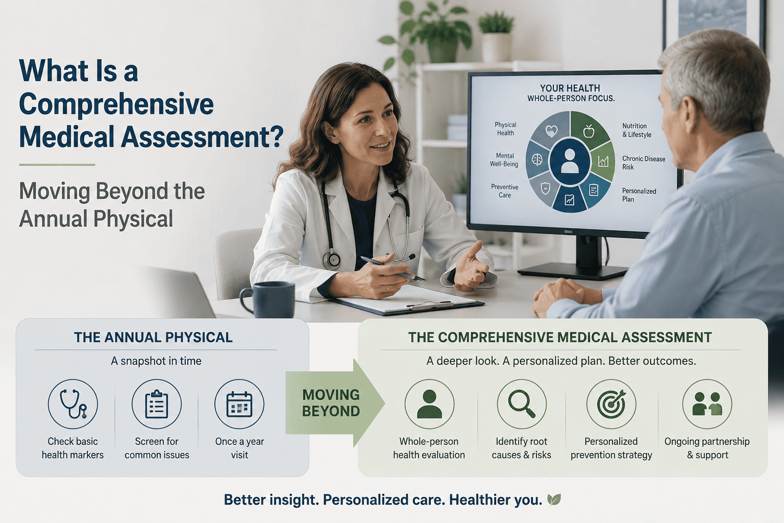 Doctor discussing a comprehensive medical assessment with an adult patient, illustrating the difference between an annual physical examination and a whole-person health evaluation that includes preventive care, chronic disease risk assessment, mental well-being, lifestyle factors, and personalized healthcare planning.