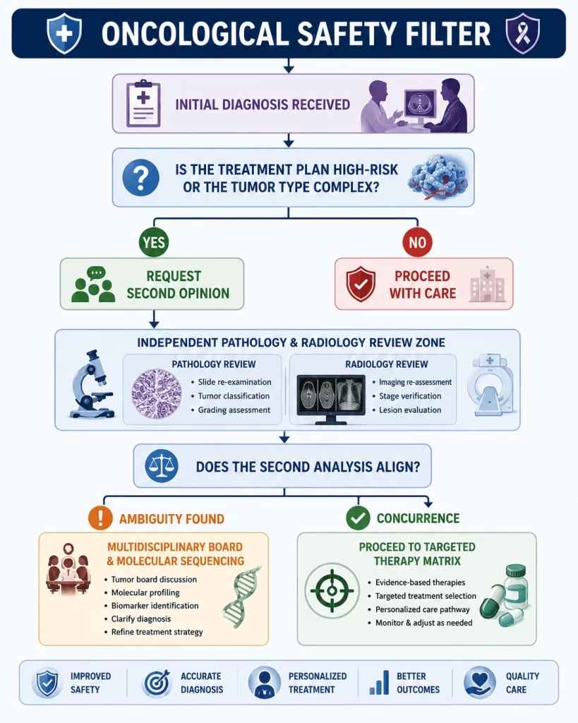 Medical oncology flowchart titled "Oncological Safety Filter" illustrating the decision-making process following a cancer diagnosis. The infographic begins with an initial diagnosis and evaluates whether the treatment plan is high-risk or the tumor type is complex. If yes, a second opinion is recommended, leading to independent pathology and radiology reviews. The workflow then assesses whether the second analysis aligns with the original diagnosis. If ambiguity is identified, the case advances to a multidisciplinary tumor board and molecular sequencing. If findings concur, the patient proceeds to a targeted therapy pathway. The visual includes oncologists, pathology slides, radiology imaging, DNA sequencing, treatment planning icons, and patient safety indicators.